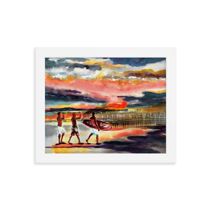 Sunrise surfers at the pier print