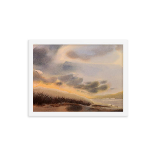 Hillside light shoreline hill with sand dunes and tiny house by Julianne Felton