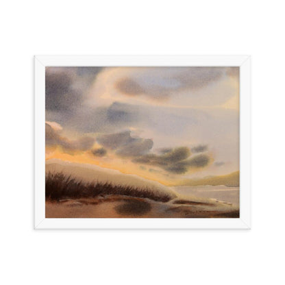 'Hillside Light'  framed shoreline and sky clouds watercolor print - Julianne Felton