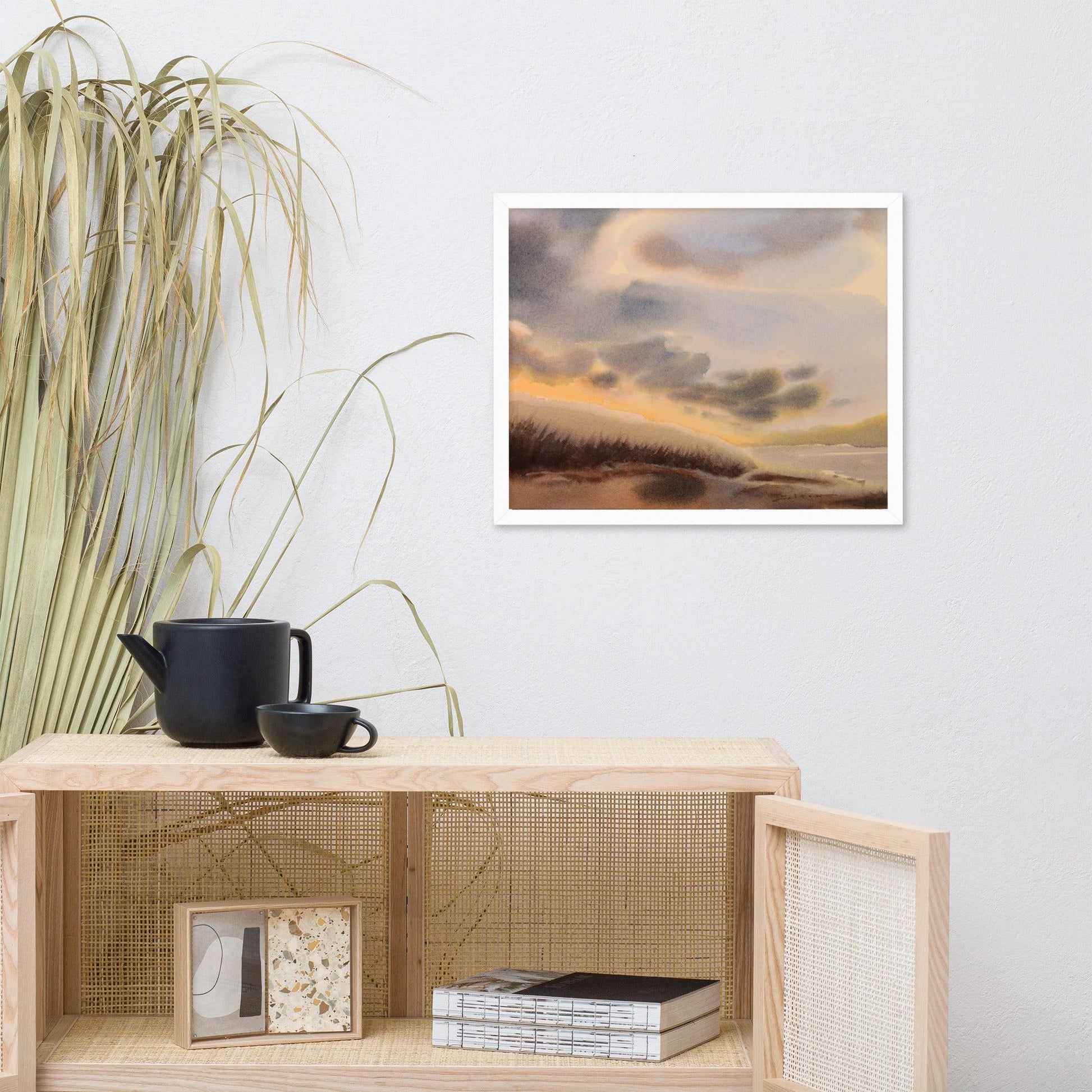 'Hillside Light'  framed shoreline and sky clouds watercolor print - Julianne Felton