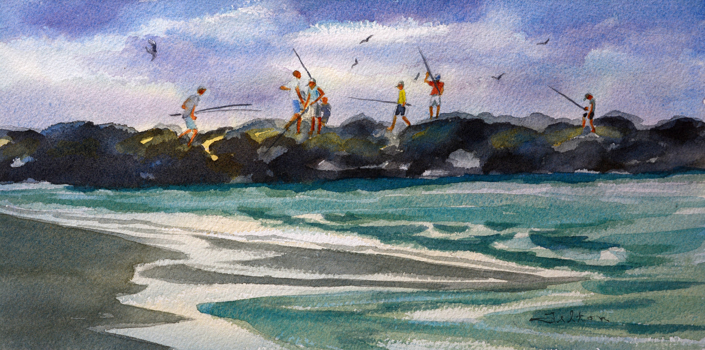 Florida Jetty Fishermen Watercolor Painting – Original Smyrna Dunes Coastal Art 6x12