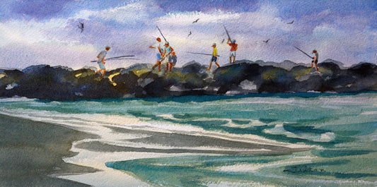 Florida Jetty Fishermen Watercolor Painting – Original Smyrna Dunes Coastal Art 6x12