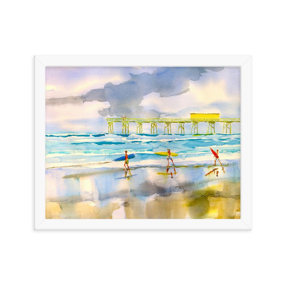 Surfers heading out to the ocean Framed poster - Julianne Felton