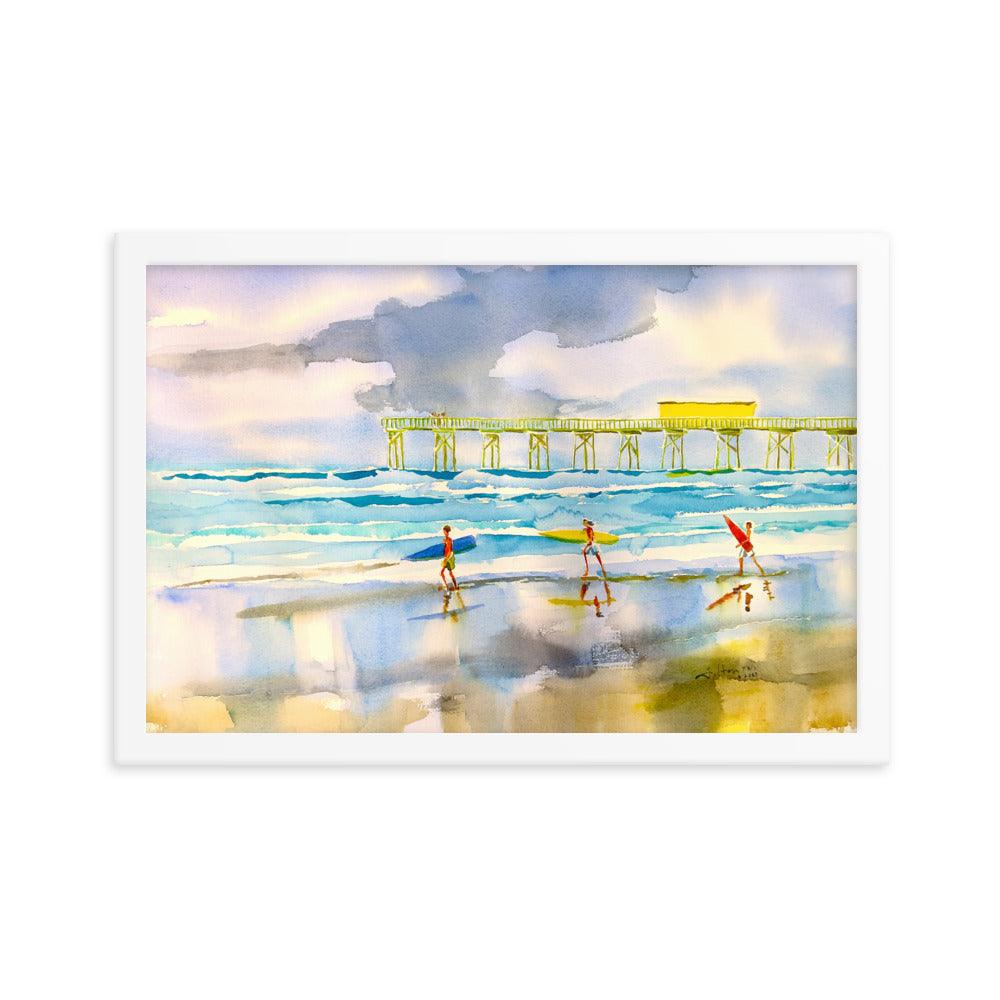 Surfers heading out to the ocean Framed poster - Julianne Felton
