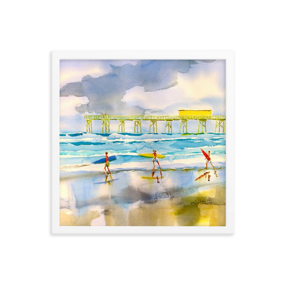 Surfers heading out to the ocean Framed poster - Julianne Felton