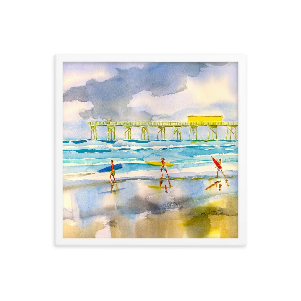 Surfers heading out to the ocean Framed poster - Julianne Felton